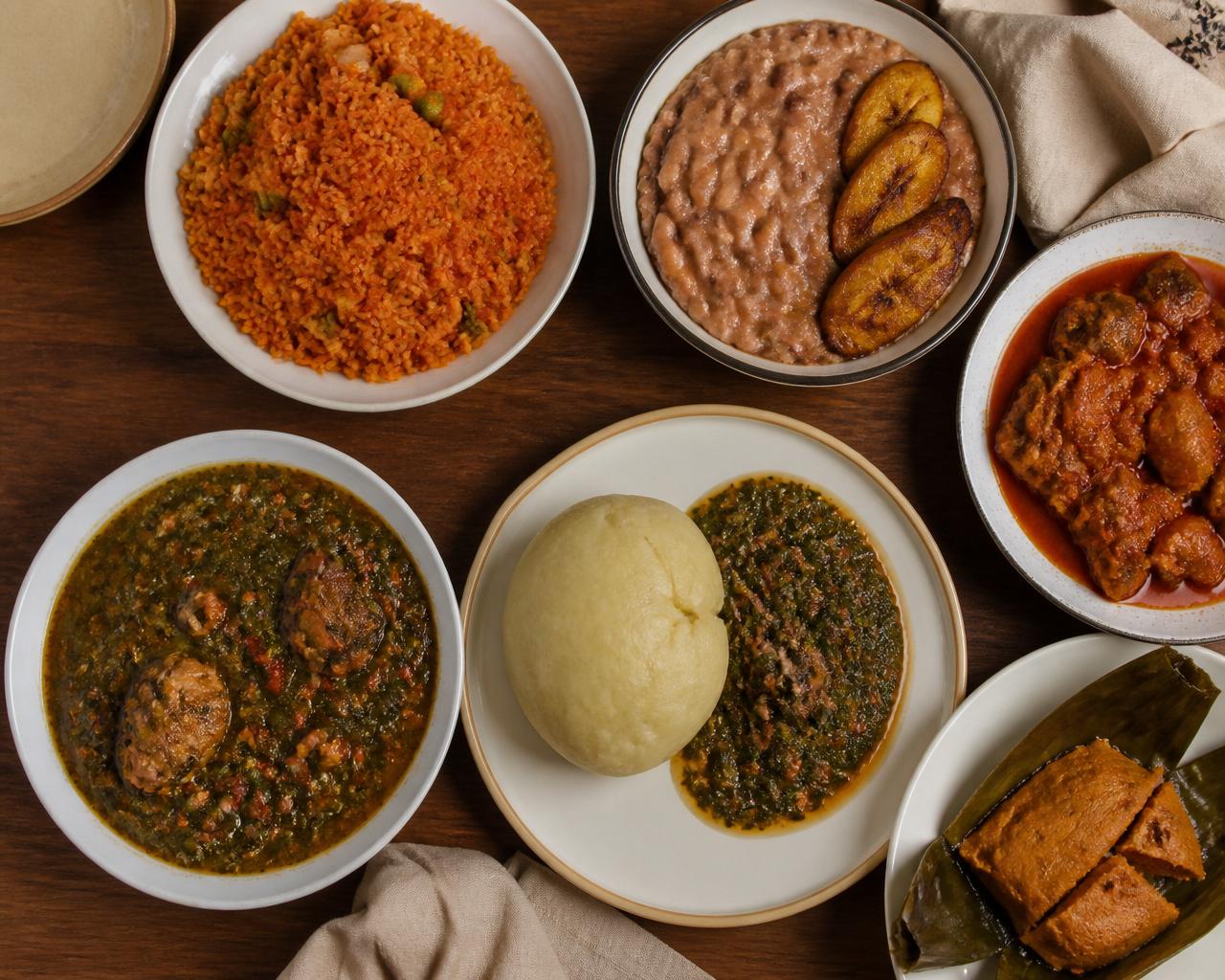 Overhead spread of Nigerian home meals: jollof rice, beans porridge, swallow, and stew