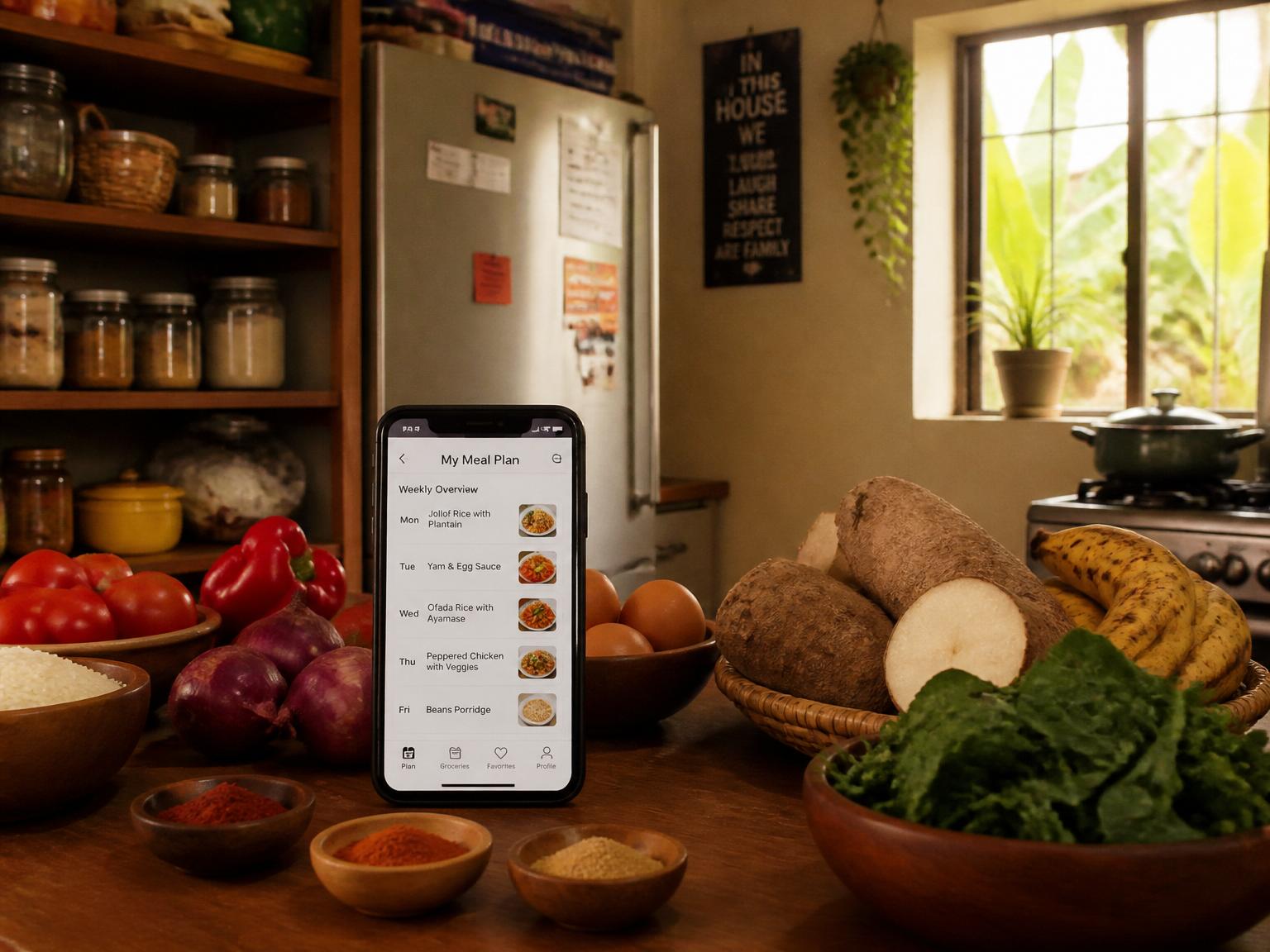 Warm African home kitchen with fresh ingredients and a phone showing a CUCO meal plan